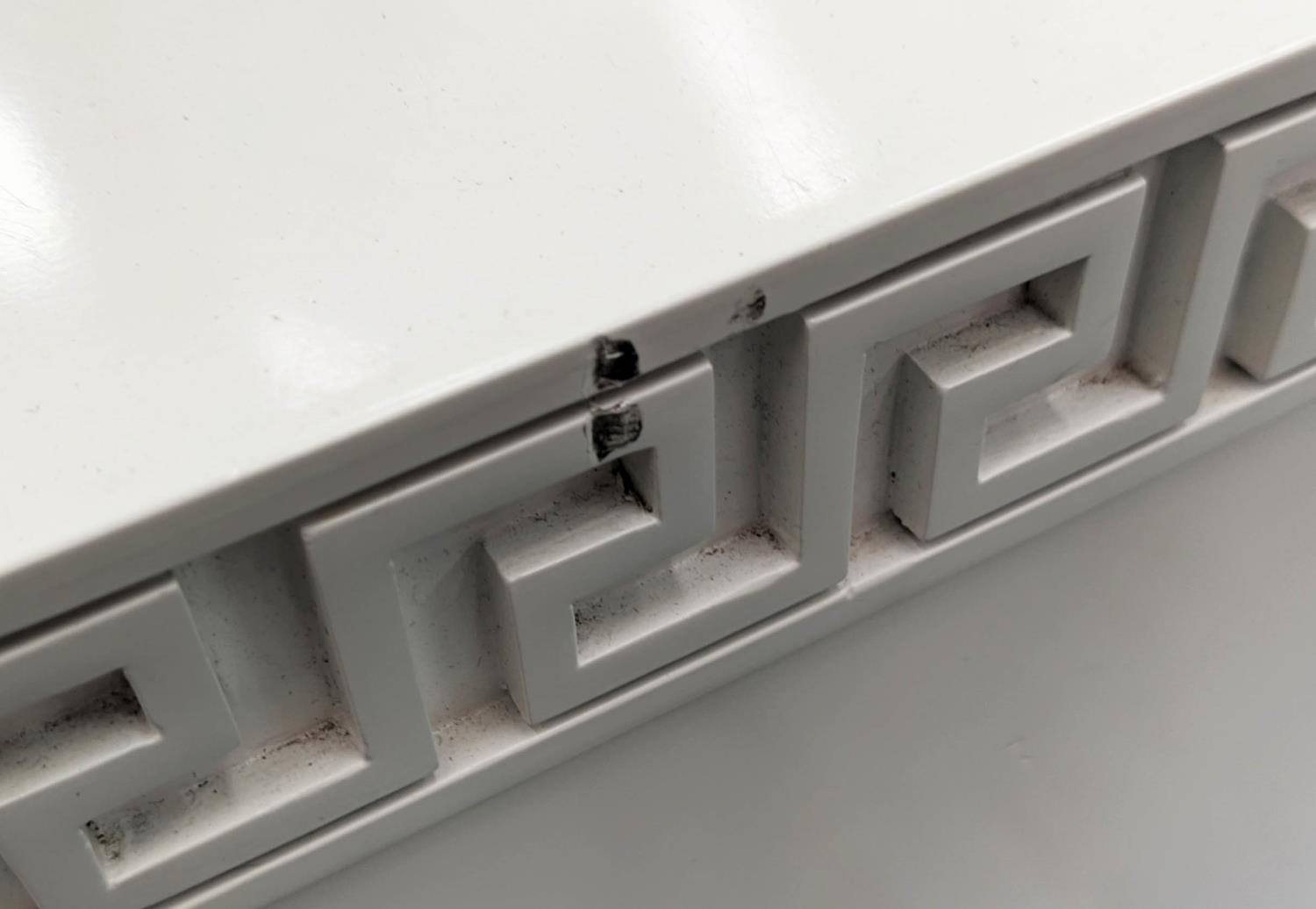 SIDE CHESTS, a pair, 71cm x 46cm x 82cm, contemporary design white lacquered Greek key detail. (2) - Image 5 of 9