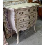 COMMODE, 108cm W x 53cm D x 115cm L, Rococo style distressed painted with gilt detail and three