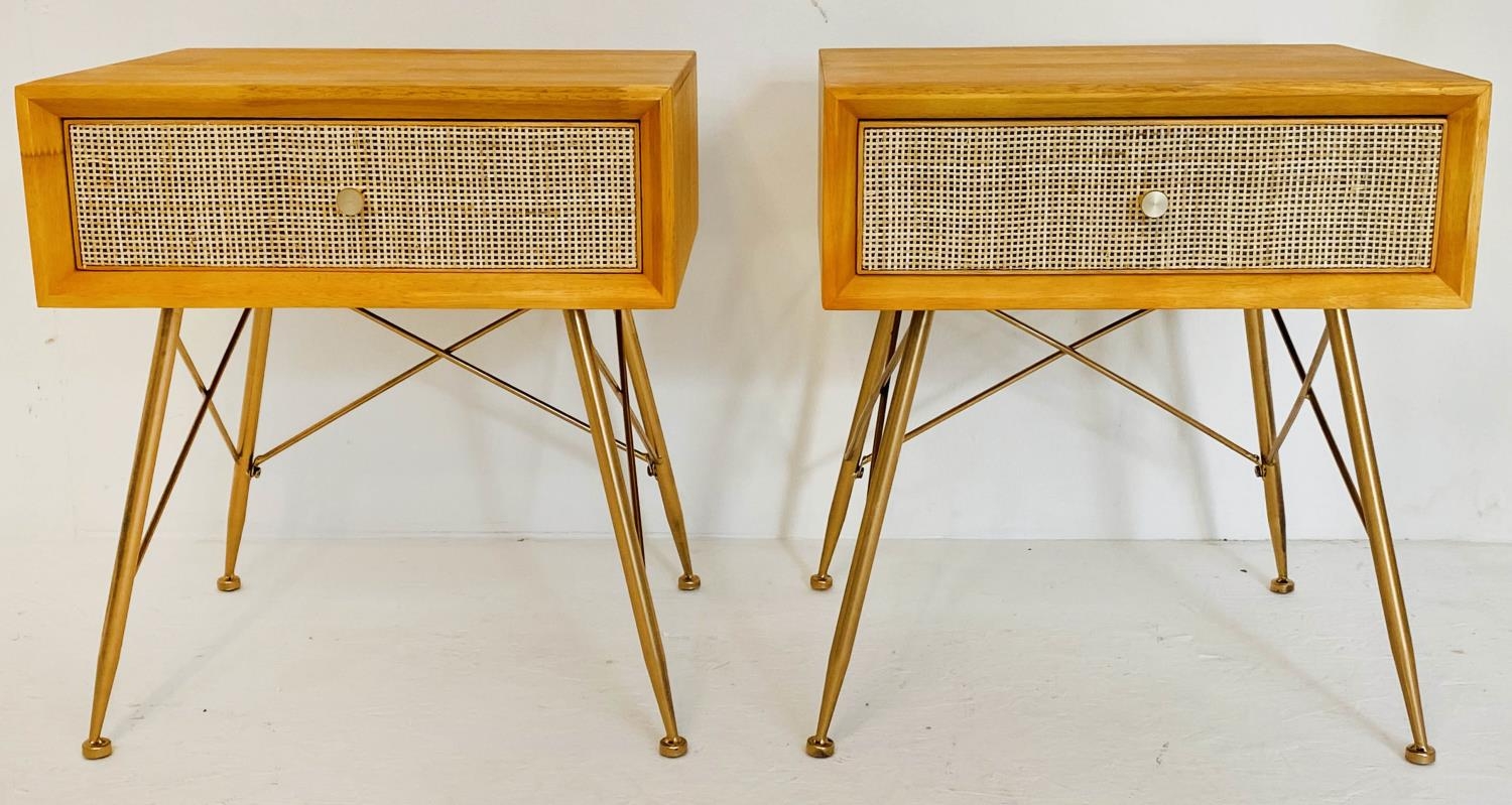 SIDE TABLES, a pair, 1960s Danish style, each with one drawer, rattan fronted detail, 52cm x 46cm - Image 5 of 5