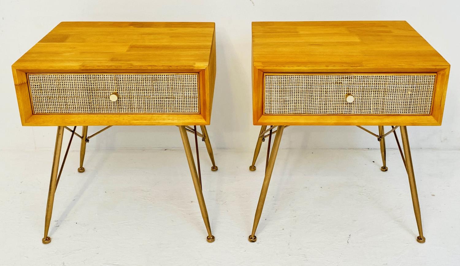 SIDE TABLES, a pair, 1960s Danish style, each with one drawer, rattan fronted detail, 52cm x 46cm