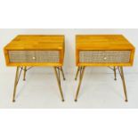 SIDE TABLES, a pair, 1960s Danish style, each with one drawer, rattan fronted detail, 52cm x 46cm