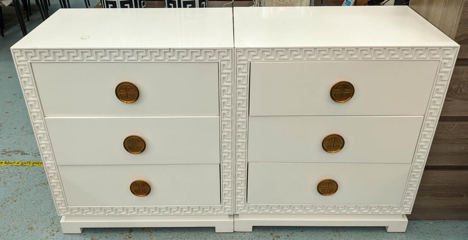 SIDE CHESTS, a pair, 71cm x 46cm x 82cm, contemporary design white lacquered Greek key detail. (2)
