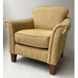ARMCHAIR, Sienna cotton upholstered with scroll arms, 81cm W.