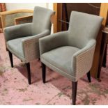 ARMCHAIRS, a pair, 92cm H, contemporary design, grey fabric upholstered with patterned fabric