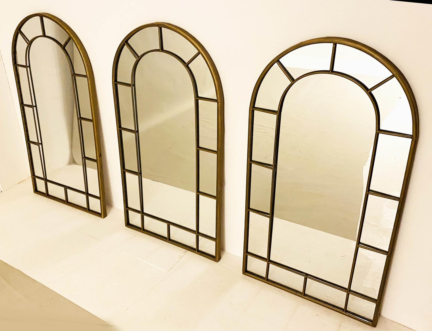 ARCHITECTURAL WALL MIRRORS, a set of 3, Regency style, bronzed finish arched frames, 107cm x - Image 2 of 4