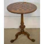 GAMES TABLE, mid Victorian walnut, rosewood and birds eye maple with chessboard inlaid circular top.