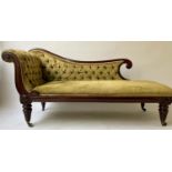 CHAISE LONGUE, William IV mahogany with buttoned yellow green silk velvet and turned supports, 177cm