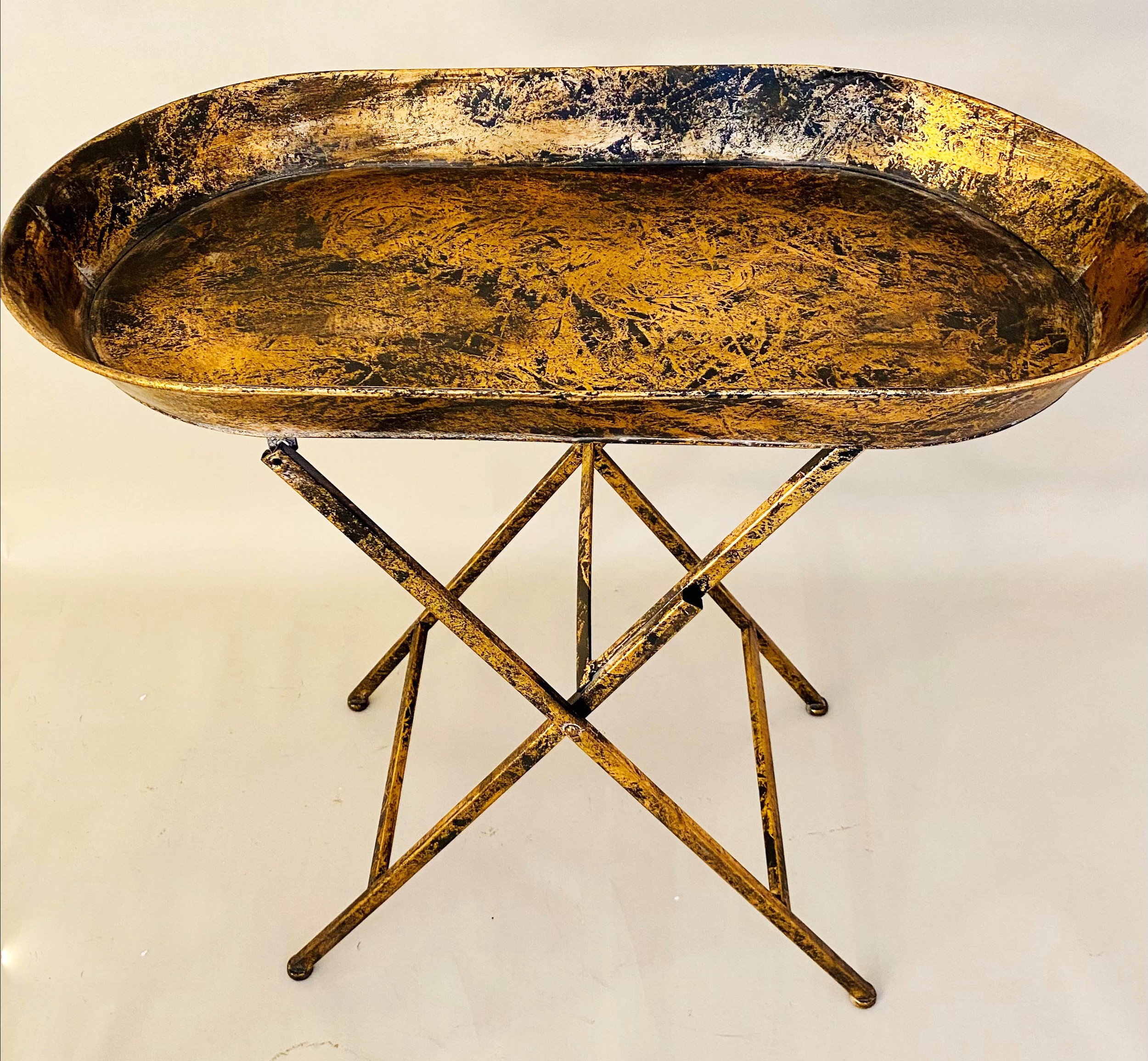 TRAY TABLES, a pair, gilt metal, fold out base 66cm x 69cm x 39cm. (2) - Image 2 of 7