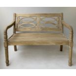 GARDEN/CONSERVATORY BENCH, Colonial style teak, slatted with downswept arms, 114cm W.