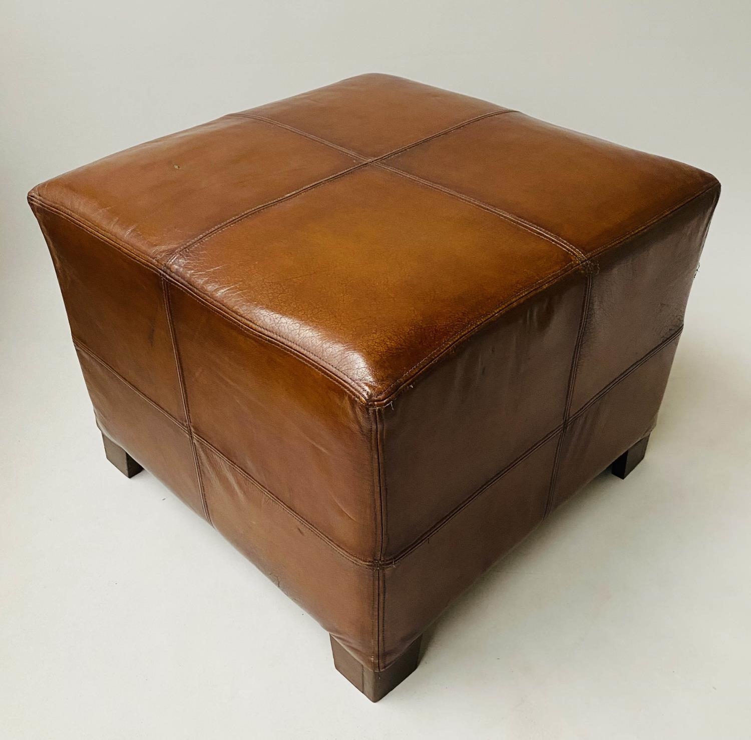 CENTRE STOOL, square stitched natural tan leather, 65cm x 65cm x 50cm H.