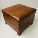 CENTRE STOOL, square stitched natural tan leather, 65cm x 65cm x 50cm H.