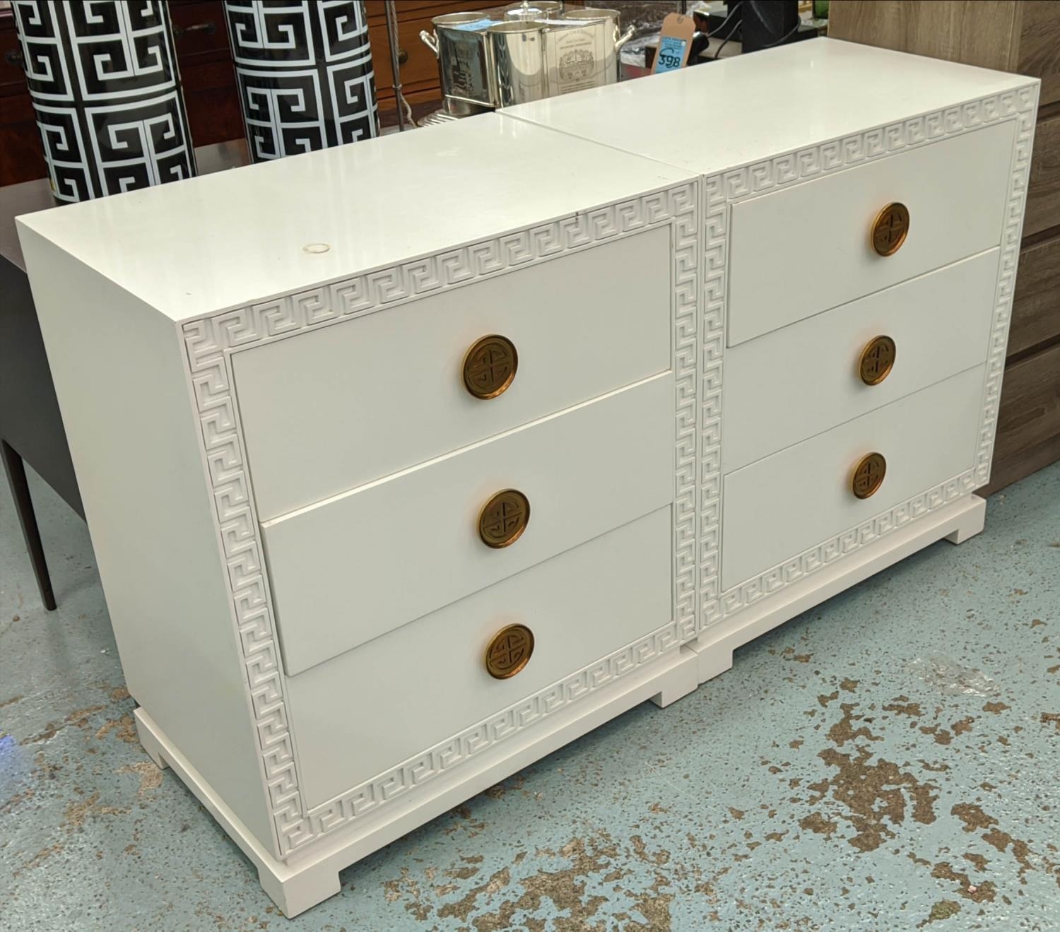 SIDE CHESTS, a pair, 71cm x 46cm x 82cm, contemporary design white lacquered Greek key detail. (2) - Image 2 of 9