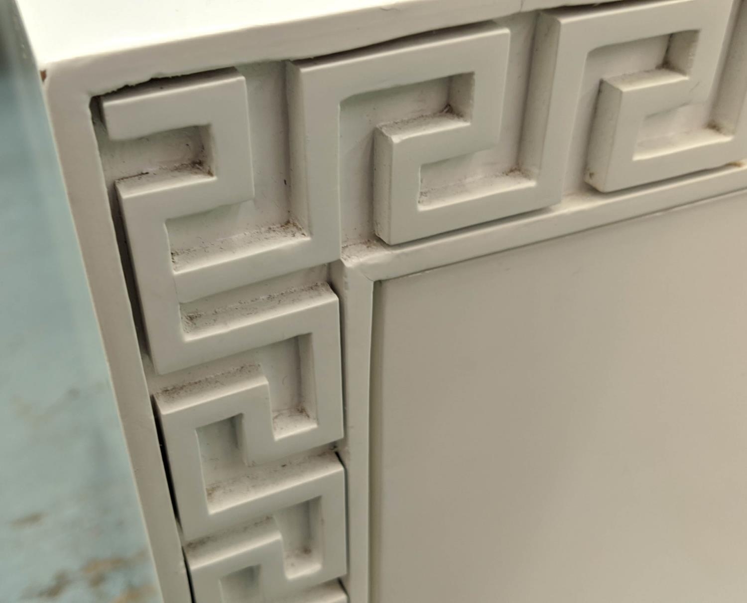 SIDE CHESTS, a pair, 71cm x 46cm x 82cm, contemporary design white lacquered Greek key detail. (2) - Image 7 of 9