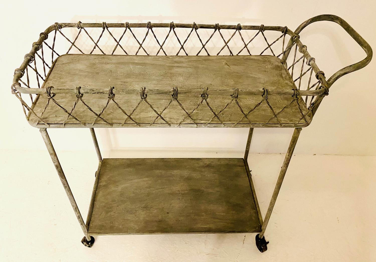 DRINKS TROLLEY, 1950s French style, aged painted finish, 85cm x 90cm x 38cm.