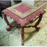 BURMESE CENTRE TABLE, 71cm sq. x 74cm H, carved and polychrome decorated.