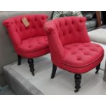 SIDE CHAIRS, a pair, 69cm W, button back red fabric upholstered, ebonised supports. (2)