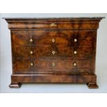 COMMODE, 19th century French Louis Philippe burr walnut with five long drawers and St Annes grey