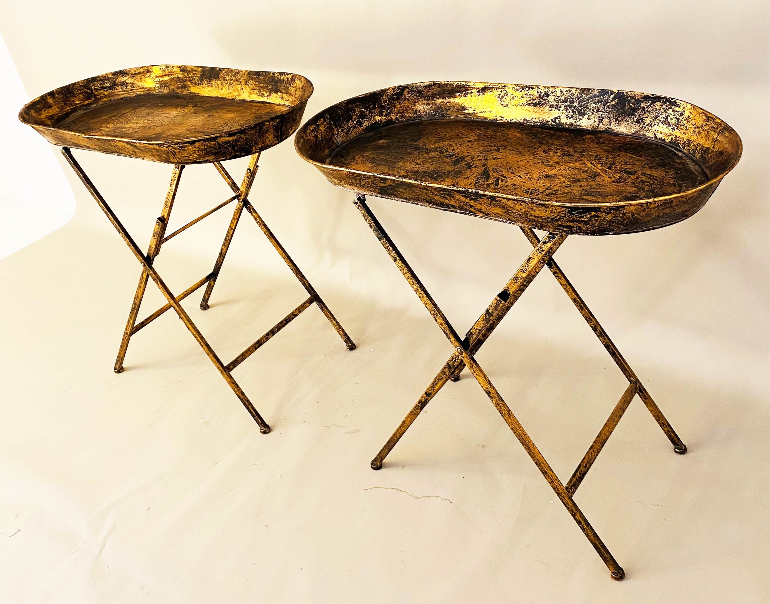 TRAY TABLES, a pair, gilt metal, fold out base 66cm x 69cm x 39cm. (2) - Image 3 of 7