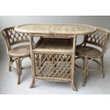 TERRACE SET, rattan, wicker and cane bound with table and two chairs, 100cm x 56cm x 77cm H. (3)