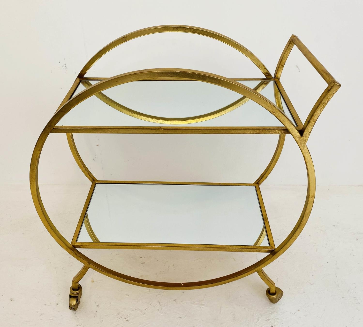 COCKTAIL TROLLEY, French art deco style, gilt metal, mirrored shelves, 75cm x 70cm x 34cm. - Image 2 of 5