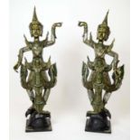 THAI DEITIES, a pair, with bejewelled mirrored decoration in green finish, 120cm H. (2)