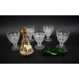 STUART CRYSTAL GLASSES, a set of five, 13.5cm H, a Hunting scene decorated peach glass decanter with