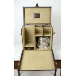 TRAVELLING BAR, brown canvas and leather with compartmentalised interior with drawer and ice bucket,