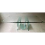 LOW TABLE, rectangular glass raised upon green glass wave form support, 110cm x 60cm x 38cm H.