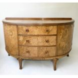ART DECO SIDEBOARD, bow fronted figured walnut with three drawers flanked by cupboards, 153cm x 56cm