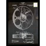 REPRODUCTION VINTAGE FILM REEL DIAGRAM,98cm x 72cm at largest, two abstract prints, and one other,