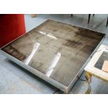 LOW TABLE, 122cm x 120cm x 27cm, vintage 1970s, smoked glass top.