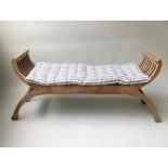 WINDOW SEAT, faded teak with planked seat and slatted arms, 38cm x 123cm x 60cm H.