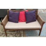 GARDEN BENCH, contemporary, 130cm with seat cushion and coloured scatter cushions.