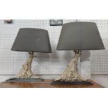 PAIR OF SIDE LAMPS, grey shades with architectural salvage detail, each 50cm overall including