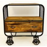 INDUSTRIAL STYLE CABINET, on faux rail wheels, with one drawer, 57cm x 56cm x 36cm.