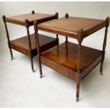 LAMP TABLES, a pair, George III design yewwood, each with drawer and undertier, 46cm x 46cm x 59cm