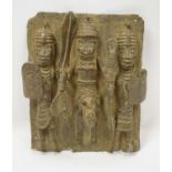 BENIN BRONZE PLAQUE, depicting three warriors one on horseback, 35cm h x 30cm.