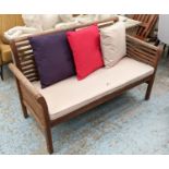 GARDEN BENCH, contemporary, 130cm with seat cushion and coloured scatter cushions.