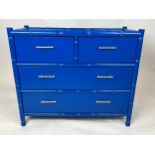 FAUX BAMBOO CHEST, 1970's Italian design, blue lacquered with gilt metal handles, 85cm H x 100cm x
