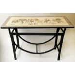 TERRACE SERVING TABLE, rectangular coloured stone mosaic on wrought iron stand, 111cm x 45cm x