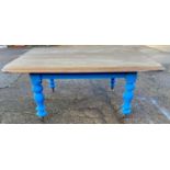 FARMHOUSE TABLE, 73cm H x 169cm x 136cm, stripped mahogany top, blue painted frame, turned legs,