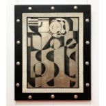 CUBIST DESIGN COLLAGE, black and silver painted and cut wood in a studded frame, 127cm H x 102cm W.