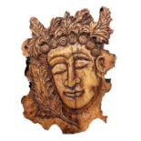 HAND CARVED SOLID OAK ENGLISH WALL HANGING, depicting Buddha, with metal chain on reverse, 75cm x