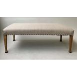 HEARTH STOOL, Edwardian rectangular studded linen and tapering supports, 122cm x 64cm x 45cm H.