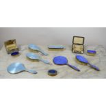 HAND MIRRORS AND BRUSHES, early 20th century turquoise and blue guilloche enamel, approx nine