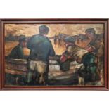 ATTRIBUTED ROALD HANSEN (Danish, b.1938) 'Fishermen', oil on canvas, 57cm x 89cm, framed.