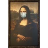 MONA LISA WITH A MASK, after Leonardo Da Vinci, print on Board, framed, 120x80.