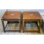 LAMP TABLES, 51cm H x 53cm W x 53cm D, a pair, campaign style mahogany and brass bound. (2)