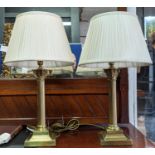 TABLE LAMPS, two, each 66cm H including silk shades, brass Corinthian columns. (2)