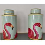 GINGER JARS, a pair, glazed ceramic with flamingo print design, 40cm x 20cm x 20cm. (2)